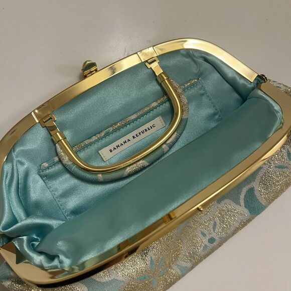 Banana Republic 2005 Silk Evening Clutch Bag Floral Gold Metallic Tiffany Blue - Picture 6 of 9